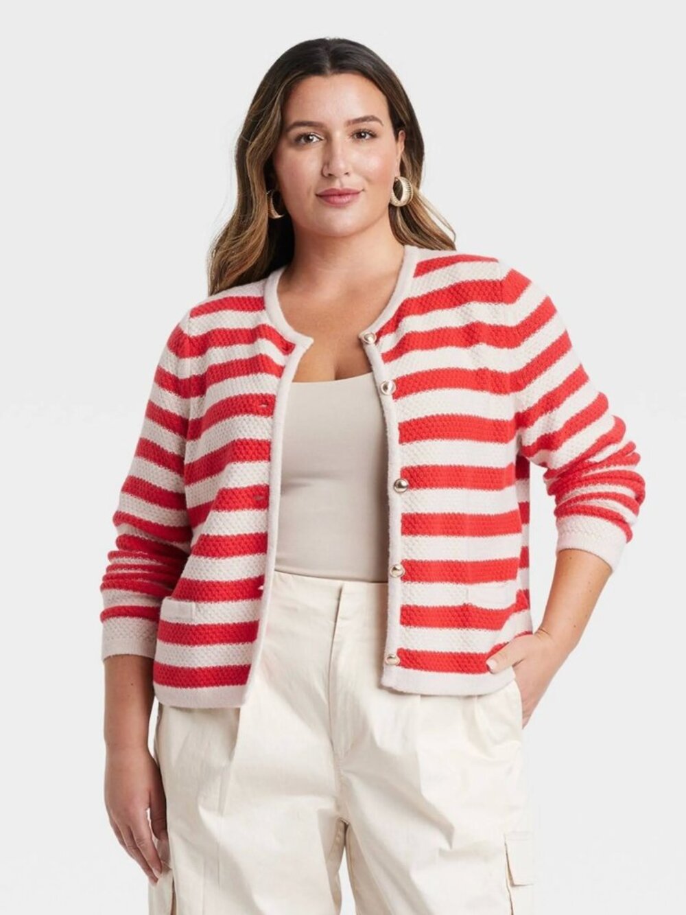 A New Day Striped Crewneck Cardigan Sweater Red Cream Gold NEW Women's Size XXL